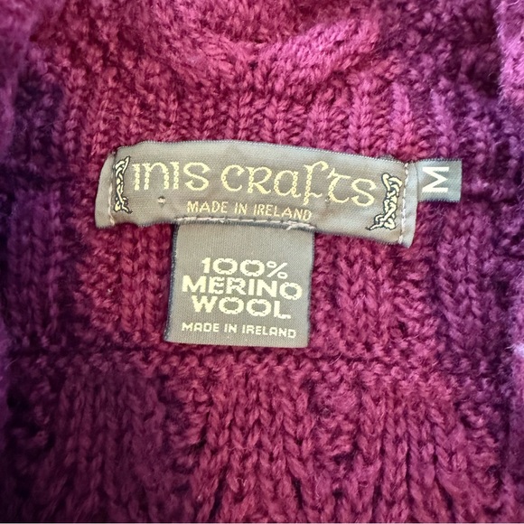Inis Crafts 100% Wool Burgundy Cable Knit Cardigan, Size M - Picture 4 of 9